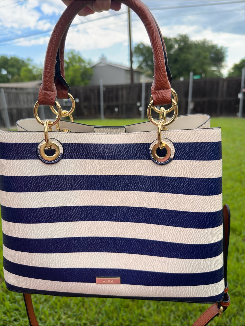 Aldo Striped Navy and Cream Women's Satchel Handbag - Brown Trim.